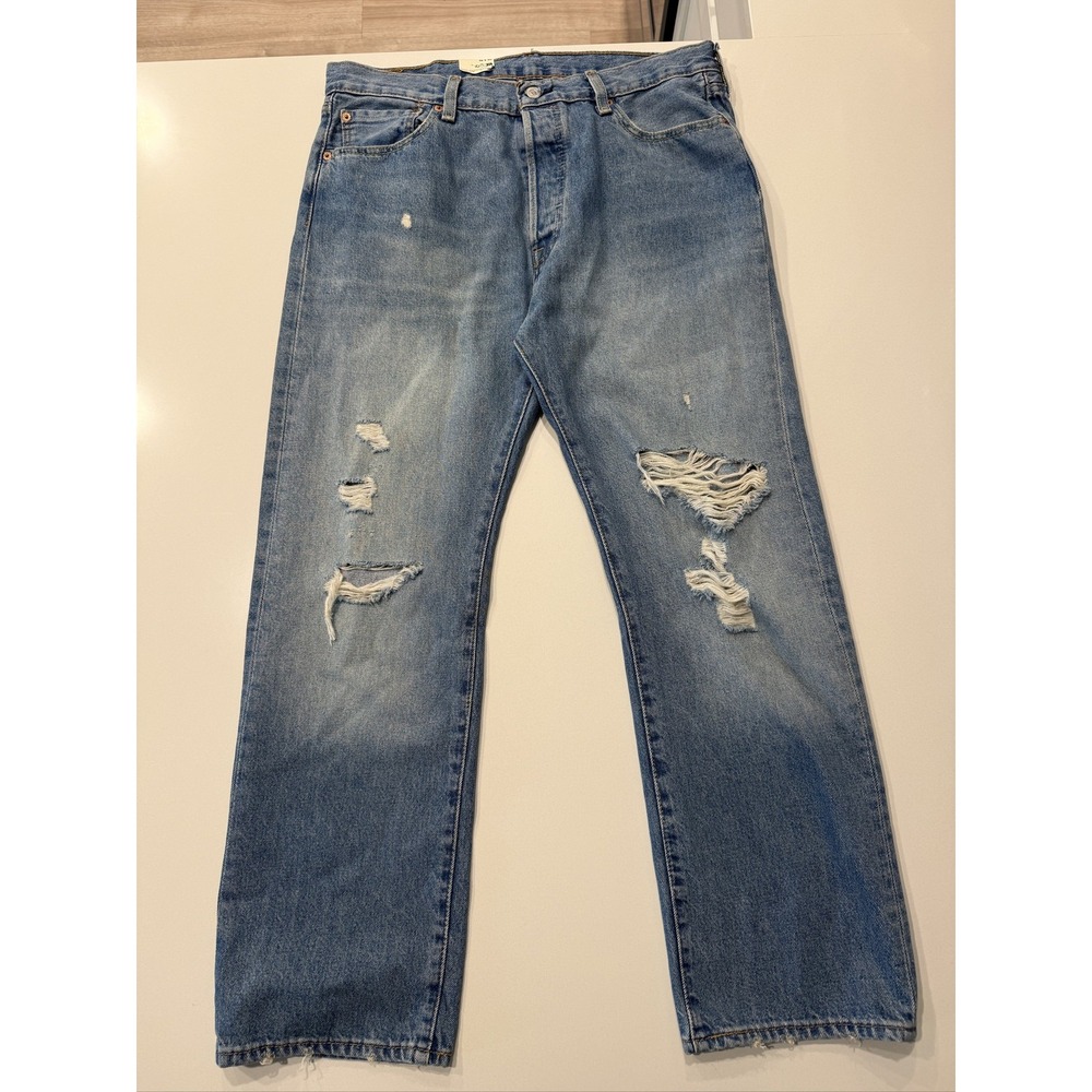 Levi's 501 Original Jeans Men's 36x30 Light Blue Distressed Stretch